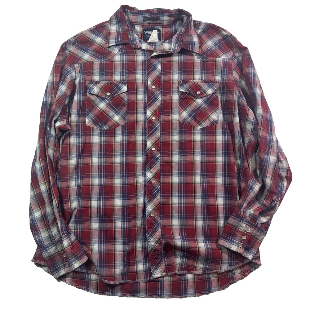 vintage mens red blue white plaid Wrangler Western Pearl Snap shirt thin XL